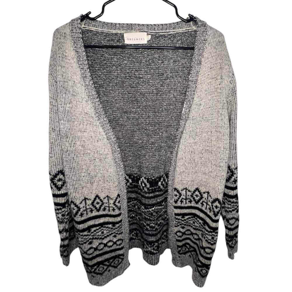 Dreamers Grey And Black Fair Isle Aztec Open Knit Cardigan Sweater